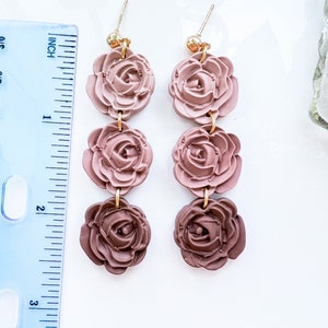 Rosalie Triple Rose Dangle Pink Neutral rose dangle polymer clay earring brown beige Clay Earrings image 3