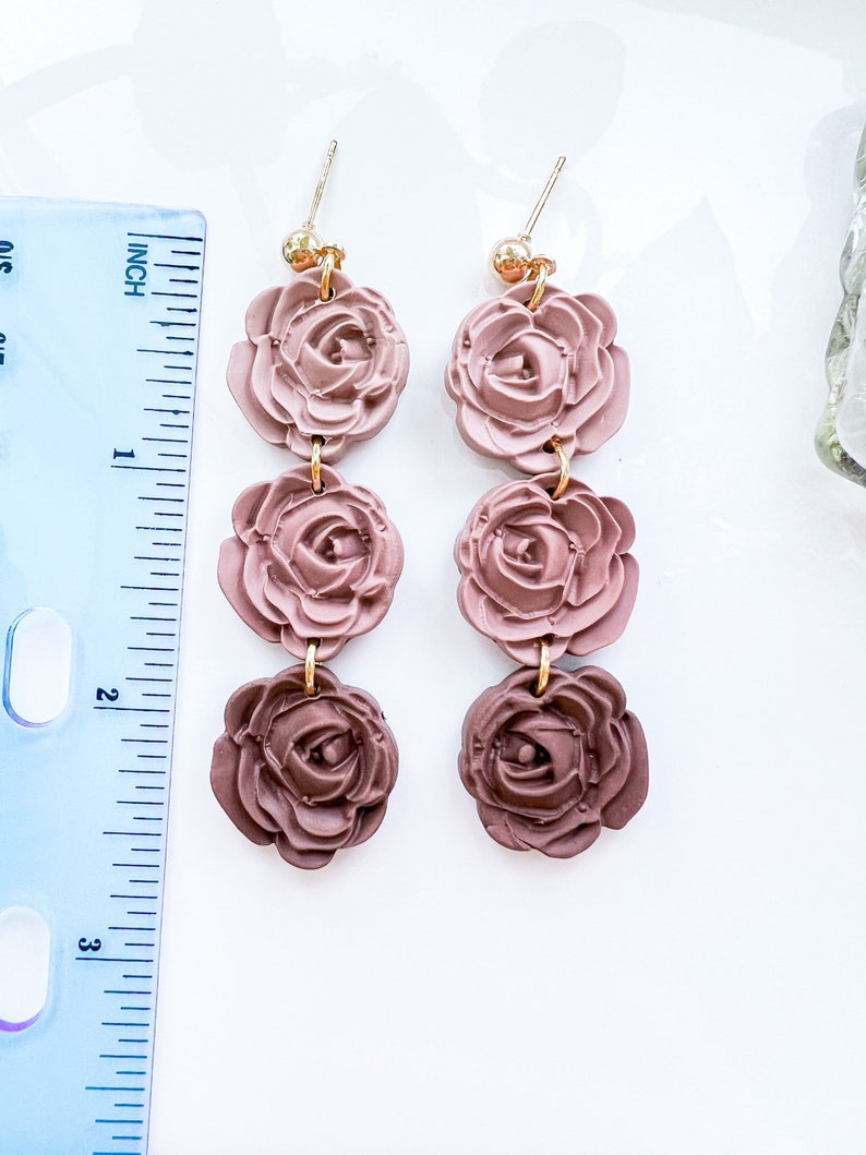 Rosalie Triple Rose Dangle Pink Neutral rose dangle polymer clay earring brown beige Clay Earrings image 3