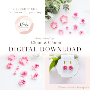 Puede incluir: Se muestran cortadores de flores de arcilla rosa y pendientes terminados. La imagen incluye el texto "clay cutter files for home 3d printing", "Sharp Cutting Edge 0.2mm & 0.4mm" y "DIGITAL DOWNLOAD". El logotipo de Shiki también es visible.