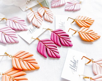 Pink leaf earrings | polymer clay earrings | pink orange | handmade | huggie hoop