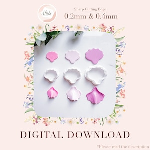 Puede incluir: Una colección de cortadores de pétalos de flores rosas y blancos y decoraciones de fondant con forma de pétalo. La imagen incluye el texto "Sharp Cutting Edge 0.2mm & 0.4mm" y "DIGITAL DOWNLOAD". La imagen está rodeada por un borde floral.