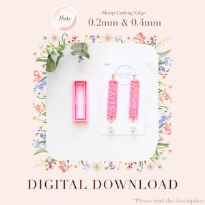 Puede incluir: Un cortador rectangular rosa y un par de pendientes rosas texturizados con gotas de perlas blancas. La imagen incluye el texto "Sharp Cutting Edge 0.2mm & 0.4mm" y "DIGITAL DOWNLOAD".