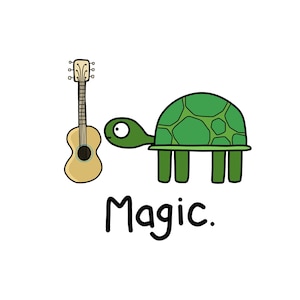May include: A green turtle with a big eye looks at a brown acoustic guitar with the word "Magic" written below them.