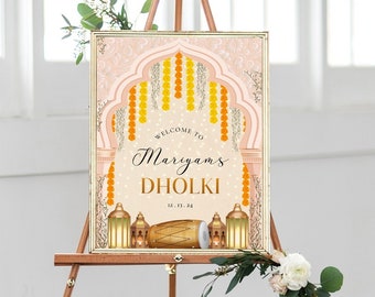 Mehndi Dholki Floral Garland Welcome 18x24 Sign, Instant Self Edit Welcome Sign, Umbrella Poster, Printable Dholki Signage Mayoon Roka Haldi