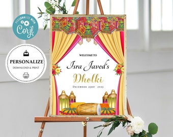 Mehndi Dholki Yellow Pink Welcome 18x24 Sign, Instant Self Edit Welcome Sign, Umbrella Poster, Printable Dholki Signage Mayoon Roka Haldi