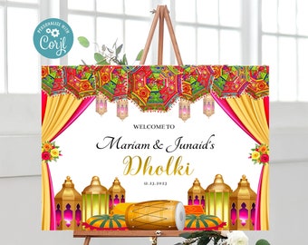 Landcape Mehndi Dholki Yellow Pink Welcome 18x24 Sign, Instant Self Edit Welcome Sign Poster, Printable Dholki Signage Mayoon Roka Haldi