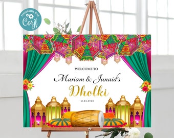 Landcape Mehndi Dholki Green Purple Welcome 18x24 Sign, Instant Self Edit Welcome Poster, Printable Dholki Signage Mayoon Roka Haldi