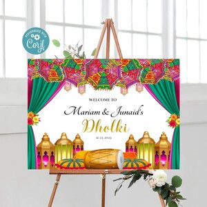 Landcape Mehndi Dholki Green Purple Welcome 18x24 Sign, Instant Self Edit Welcome Poster, Printable Dholki Signage Mayoon Roka Haldi