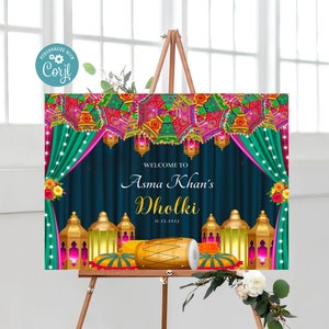 Landcape Mehndi Dholki Green Blue Purple Welcome 18x24 Sign, Instant Self Edit Welcome Poster, Printable Dholki Signage Mayoon Roka Haldi