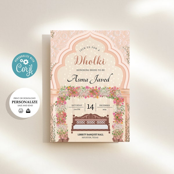 Dholki Mehndi Ivory Pink Bench Floral Printable Electronic Custom Invite Invitation | Instant Download |  Sangeet Mehndi Haldi Shaadi Nikkah