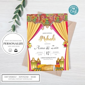 Mehndi Dholki Yellow Pink Umbrella Lantern Dhol Printable Electronic Custom Invitation invitation | téléchargement instantané |  Sangeet Mehndi Haldi