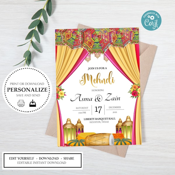Mehndi Dholki Yellow Pink Umbrella Lantern Dhol Printable Electronic Custom Invite Invitation | Instant Download |  Sangeet Mehndi Haldi
