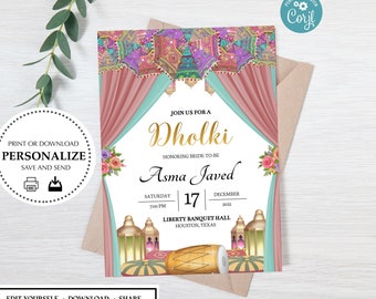 Dholki Mayoun Pastel Umbrella Lantern Dhol Printable Electronic Custom Invite Invitation | Instant Download |  Sangeet Mehndi Haldi