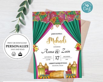 Mehndi Dholki Green Purple Umbrella Lantern Dhol Printable Electronic Custom Invite Invitation | Instant Download |  Sangeet Mehndi Haldi