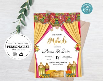 Mehndi Dholki Yellow Pink Umbrella Lantern Dhol Printable Electronic Custom Invite Invitation | Instant Download |  Sangeet Mehndi Haldi