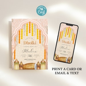 Dholki Mayoun Orange Girlande Laterne Dhol druckbare elektronische individuelle Einladung Einladung | Sofort Download | Sangeet Mehndi Haldi