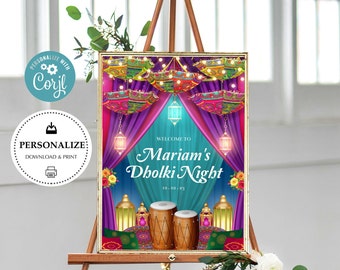 Dholki Welcome Sign, Magenta Blue 18x24in Sign, Instant Self Edit Welcome Sign, Umbrella Poster, Printable Dholki Signage Mayoon Roka Haldi