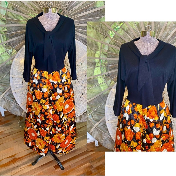 Vintage 1960s Orange Gold and Black Hostess Dress Quilted Floral Skirt - JC Penney Penneys Loungewear Vibrant Neck Bow Longsleeve Gown