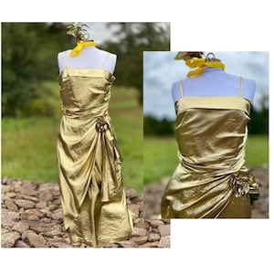 Vintage 1980s Gold Lame Sleeveless Midi Dress - Wiggle Flower Detail Flowy Metallic Glam Elegant Party Evening Formal Gown S M