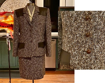Vintage 1970s Elsa Mahr Brown Wool Skirt Suit - Vera Borea Paris Two Piece Blazer Jacket with Leather Trim French Laine France