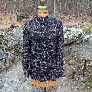 Vintage 1970s Anne Klein Paisley Psychedelic Printed High Neck Blouse Saks Fifth Avenue Black Blue Navy