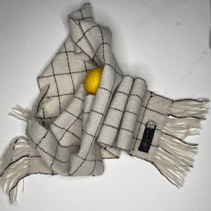 Vintage 1980s Jeffrey Aronoff Alpaca Wool Scarf - Black and White Grid Print with Fringe Ends Long Beautiful