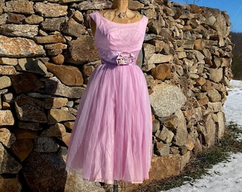 Vintage 1950s Pink Tulle Party Dress Evening Formal Gown - Fit and Flare - Handmade - Rose - Cocktail Tea Prom Satin Waist Small