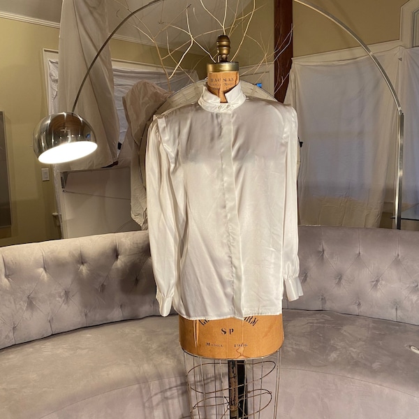 Made for Arthur Kohler by Tricoville of London Ivory Satin White Blouse Button Down Vintage High Neck