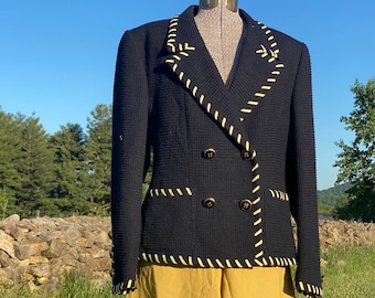 Vintage 1980s Antonette Franz Haushofer Navy Gold Blazer Jacket Double Breasted Made in Germany - US 8 Women Yellow White Ribbon Thread Trim
