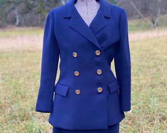 Vintage 1960s Norman Norell New York Navy Blauer Wollrock Anzug - Designer Goldknöpfe Seide Gefüttert Rock Jacke Zweiteiler