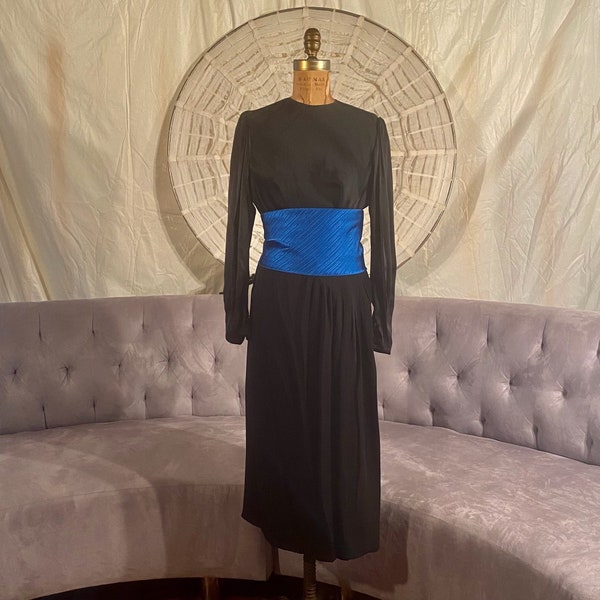 Galanos 1980s Black Silk Set Skirt Blouse Cummerbund Belt Blue Vintage Formal Designer Ensemble Evening Wear