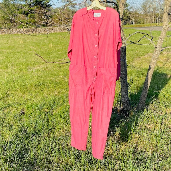 Vintage DVF 1990s Pink Cotton Jumpsuit - Button Up Pink Red Diane von Furstenberg - Utility Pockets Tapered Leg Plain Pantsuit Medium