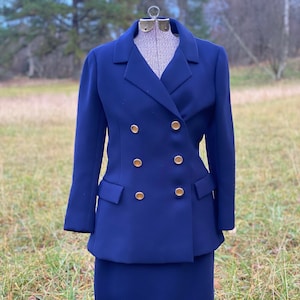 Vintage 1960s Norman Norell New York Navy Blue Wool Skirt Suit - Designer Gold Buttons Silk Lined Skirt Jacket Two Piece Set