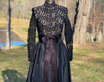 Vintage 1960s Black Lace and Taffeta Dress Alfred Bosand New York - Formal Evening Ball Gown - Silk Satin Bow High Neck Neiman Marcus