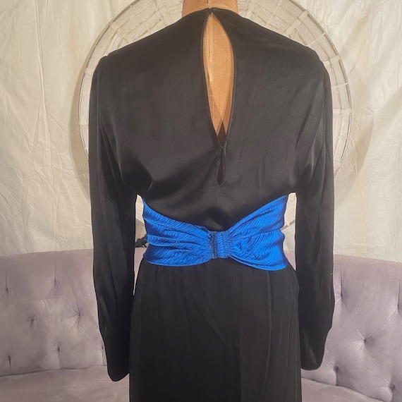 Galanos 1980s Black Silk Set Skirt Blouse Cummerbund Belt 