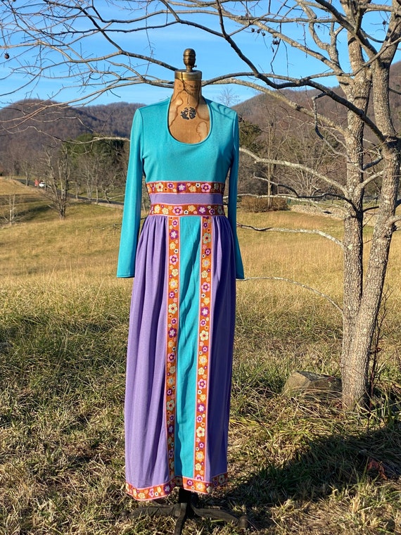 1970s Flower Child Blue Purple Vintage Maxi Dress… - image 2