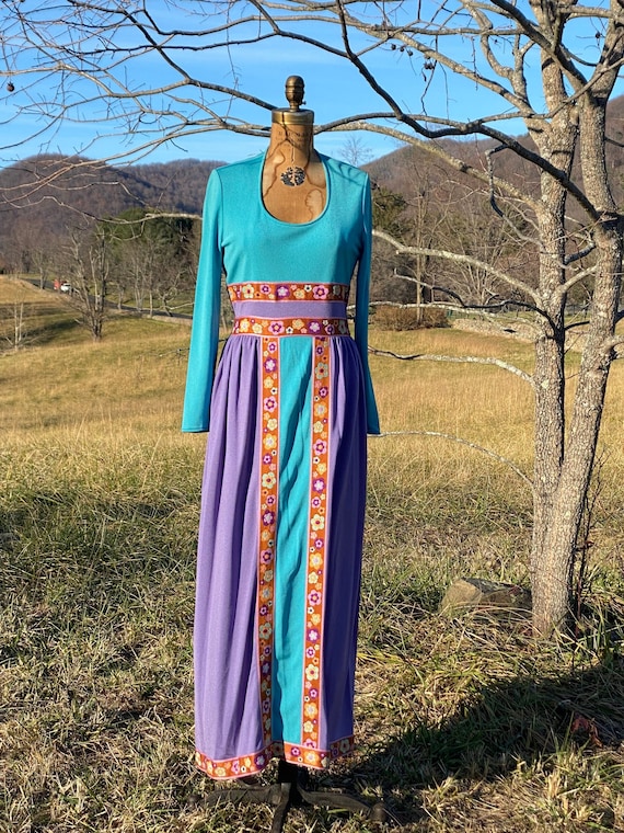 purple and turquoise maxi dress cotton purple and turquoise lotus print women's maxi dress - v neckline with tassel Indian dress