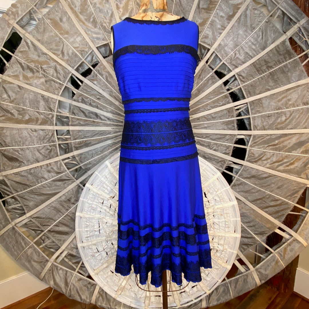 Blue and Black Lace Sheath Dress - Tadashi Shoji Size Medium Sleeveless  Pintuck Tea Length Formal Decorative Lace Rows Lake Blue Boat Neck - Etsy