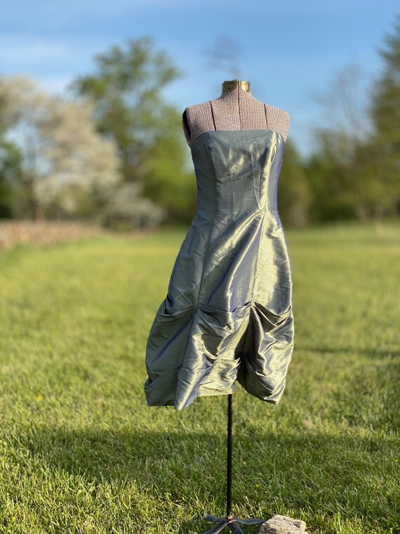 Vintage 1990s Alfred Angelo Green Iridescent Formal Dress - Short Gathered Fabric Full Bubble Skirt Shiny Strapless Evening Gown Vintage 1990s Alfred Angelo Green Iridescent Formal Dress - Short Gathered Fabric Full Bubble Skirt Shiny Strapless Evening Gown