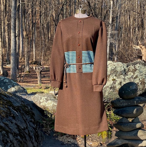 Vintage 1970s Brown and Teal Blue Striped Knit Midi Dress
