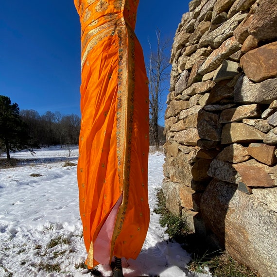 Vintage 1960s Orange Silk Gold Lame Goddess Strap… - image 5