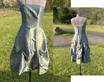 Vintage 1990s Alfred Angelo Green Iridescent Formal Dress - Short Gathered Fabric Full Bubble Skirt Shiny Strapless Evening Gown