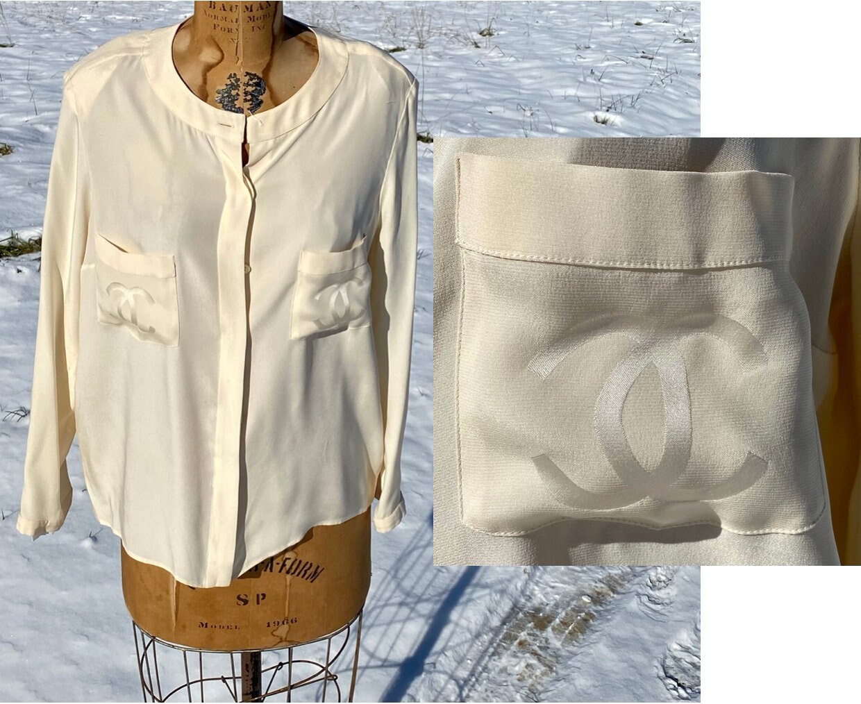 AUTH. VINTAGE 90S Chanel Ivory Pleated Silk Blouse Cc Logo Gold Buttons  42/M $699.00 - PicClick