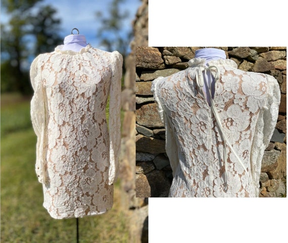 Romantic White Lace Puff Sleeve Dress - Longsleeve Short Mini XS Extra Small Wayf Bridal Wedding Keyhole Back