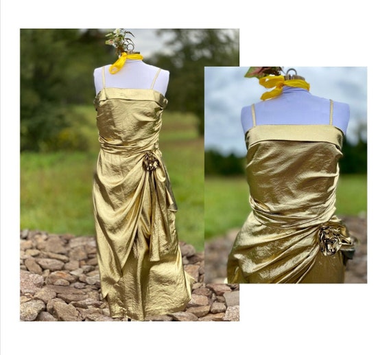 Vintage 1980s Gold Lame Sleeveless Midi Dress - W… - image 1