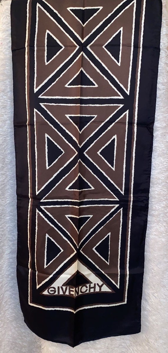 Givenchy 1960s Long Silk Scarf Black Brown Geometr