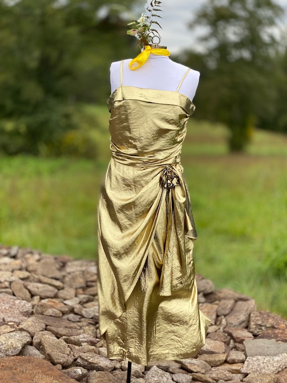 Vintage 1980s Gold Lame Sleeveless Midi Dress - W… - image 2