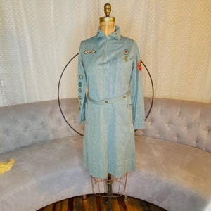 Official Girl Scout Uniform Late 1930s with Scarf and Belt - Badges Pins Vintage Girl Scouts Dress Blue Grey