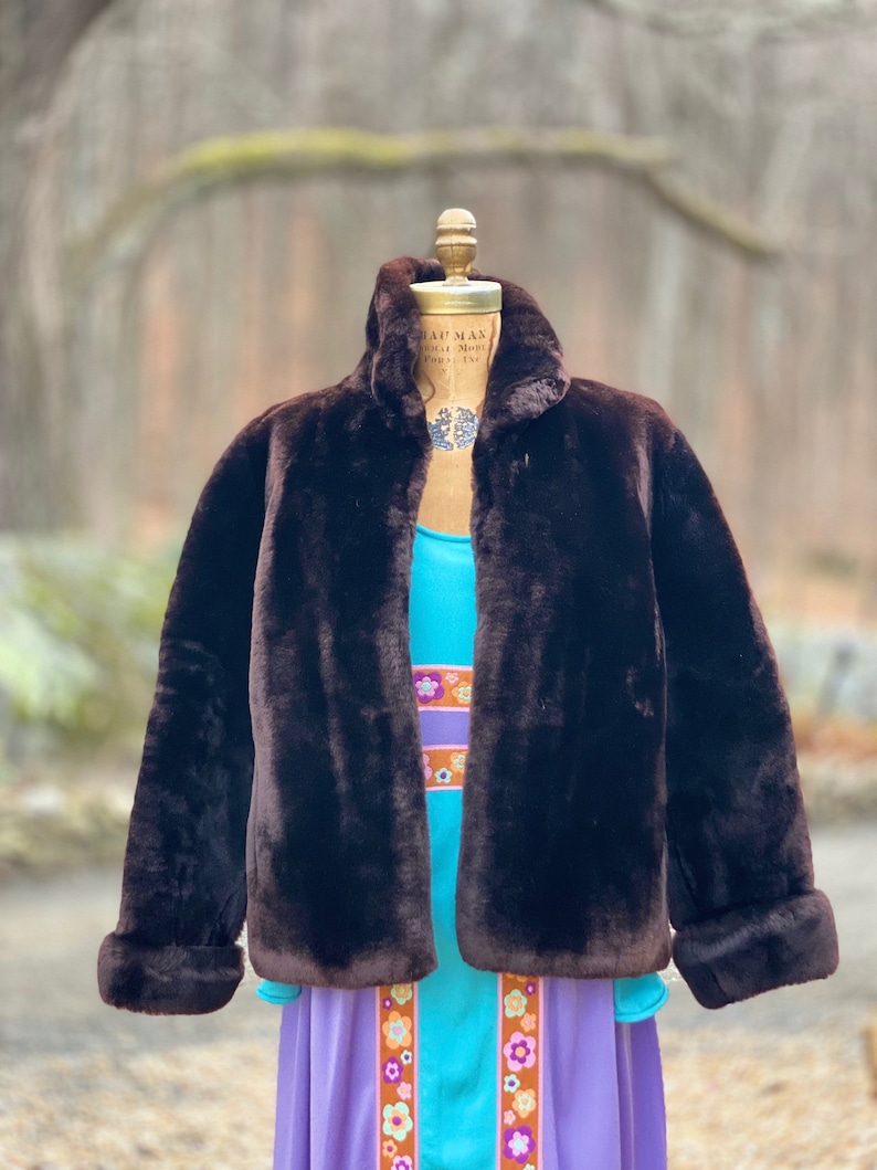 May include: A brown faux fur jacket with a collar and long sleeves. The jacket is on a mannequin and has a slightly cropped length.
