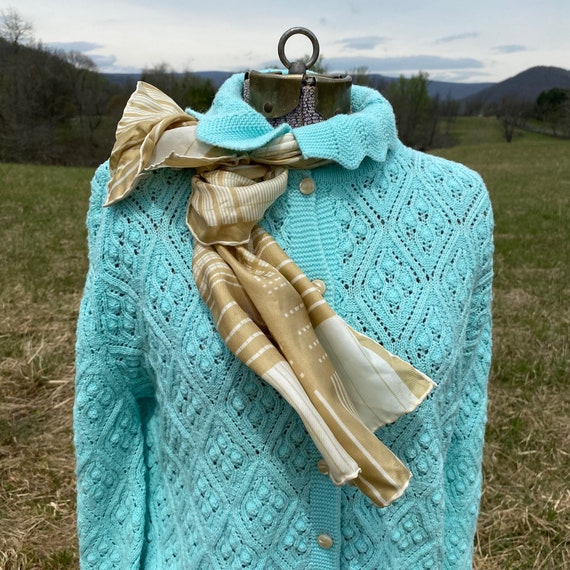 Vintage 1960s Cuddle Knit Teal Blue Cardigan Butt… - image 2